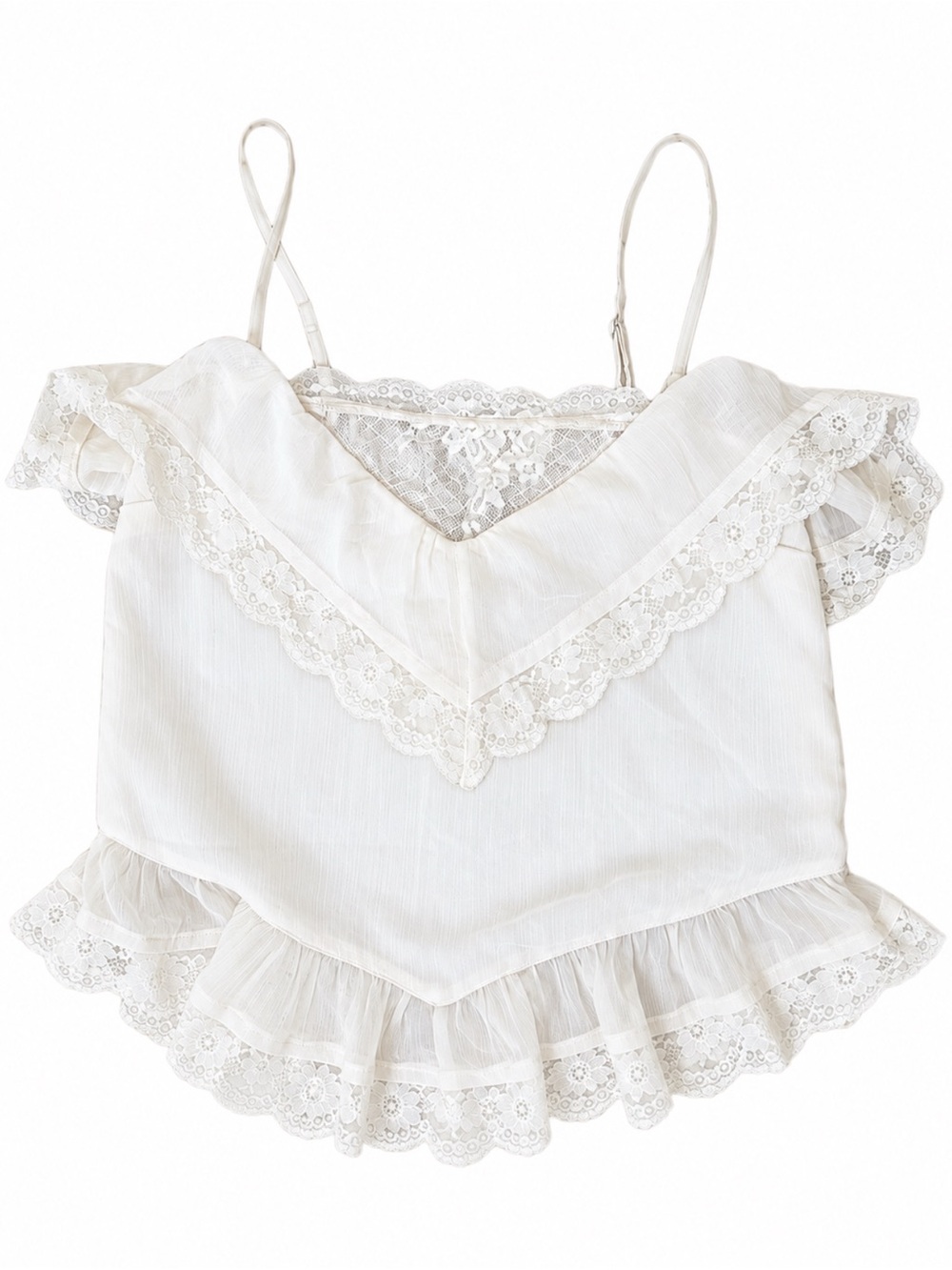 Women's Lace Trim Ruffle Cami Top - White